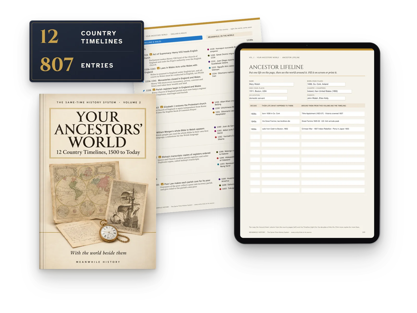 Vol. 2 Your Ancestors' World: the cover and the fillable Ancestor Lifeline on a tablet